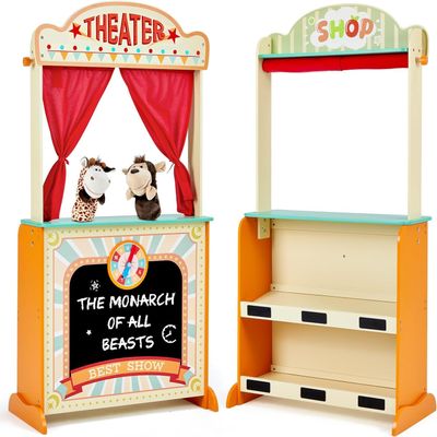 labebe - Deluxe Wooden Puppet Theater Bonus 2 Hand Puppet, 2-in-1 Clock Theater Reversible Play Store, Double-Sided Lemonade Stand, Puppet Show Theater Toy with Chalkboard for Kids 36M+