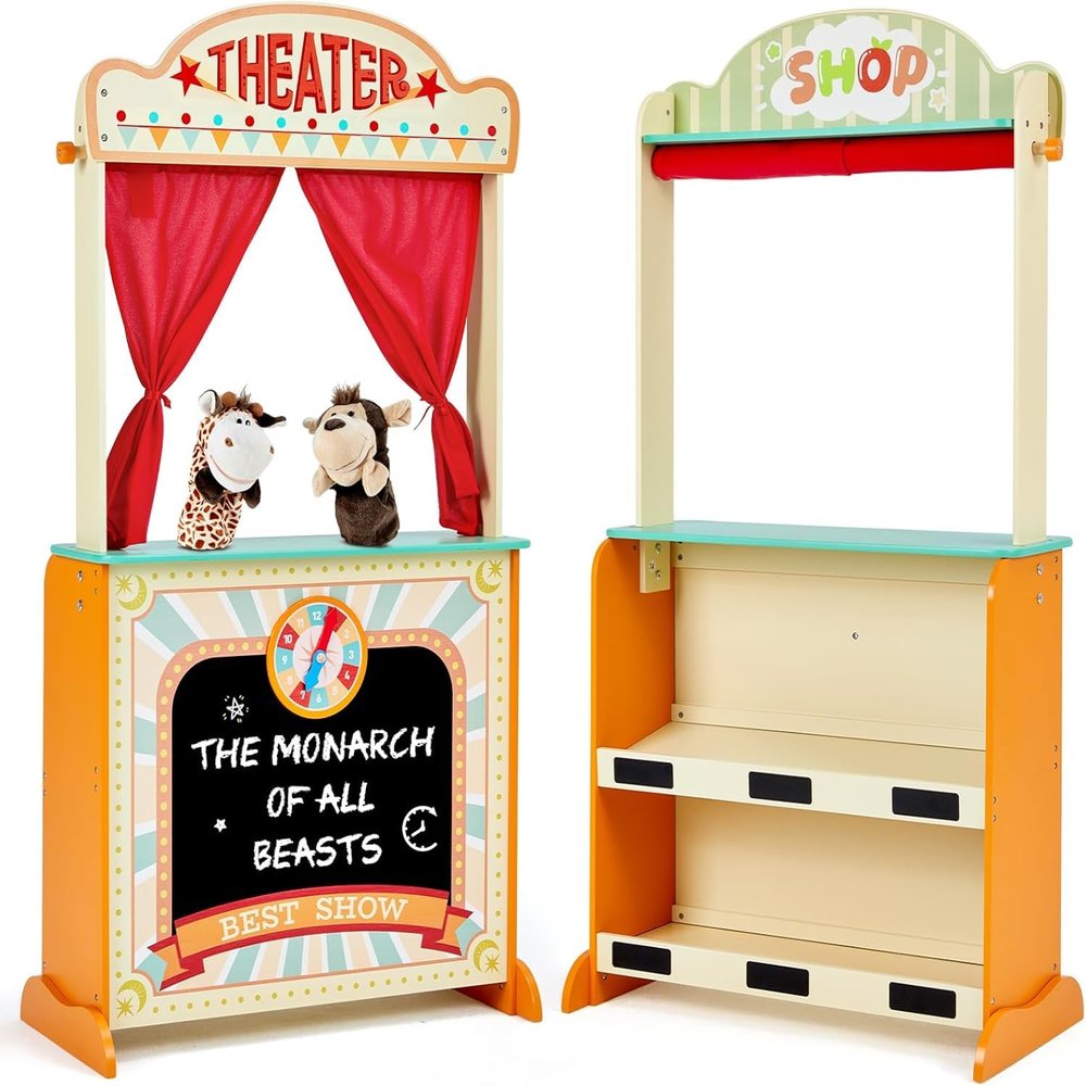 labebe - Deluxe Wooden Puppet Theater Bonus 2 Hand Puppet, 2-in-1 Clock Theater Reversible Play Store, Double-Sided Lemonade Stand, Puppet Show Theater Toy with Chalkboard for Kids 36M+