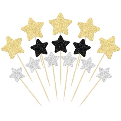 Gyufise 42Pcs Star Cupcake Toppers Glitter Assembled Twinkle Star Cupcake Picks Wedding Engagement Bridal Shower Birthday Party Cake Decorations Supplies Black Gold Silver
