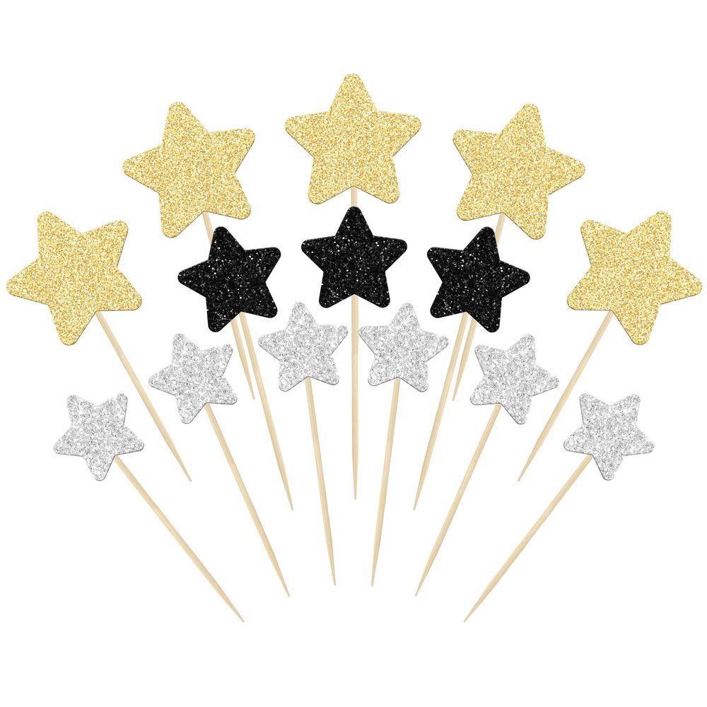 Gyufise 42Pcs Star Cupcake Toppers Glitter Assembled Twinkle Star Cupcake Picks Wedding Engagement Bridal Shower Birthday Party Cake Decorations Supplies Black Gold Silver