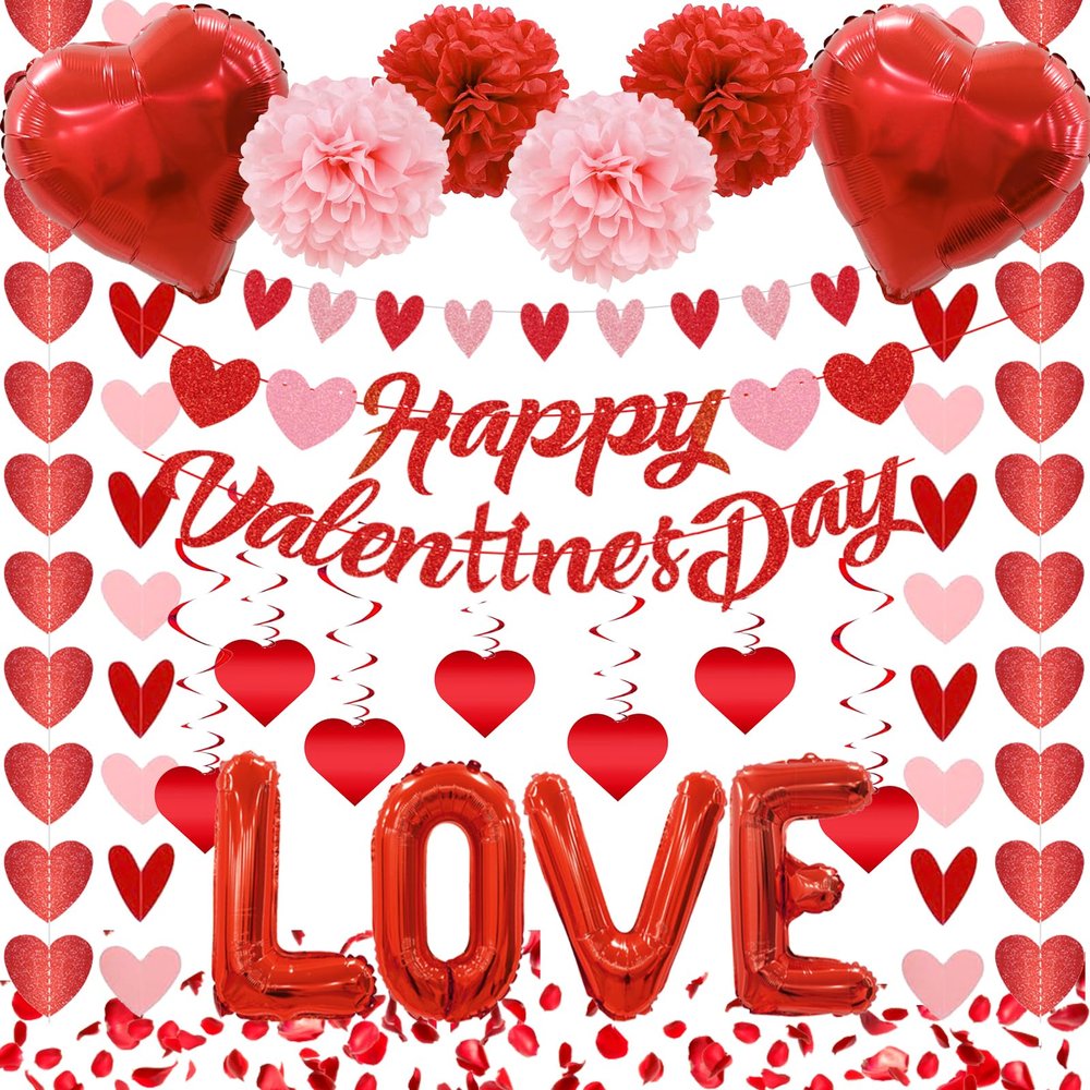 122Pcs Valentines Day Decorations Set, Valentine Decorations for Office Hanging Swirls Happy Valentine's Day Garlands Banner Love Balloons for Romantic Special Night Valentines Decorations