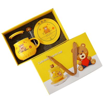 440ml/15oz - Ceramic Cute Cartoon Bear Milk Cup Couple's Personalized Breakfast Coffee Cup - Bear Warm Cup D with Lid Spoon Heating Pad