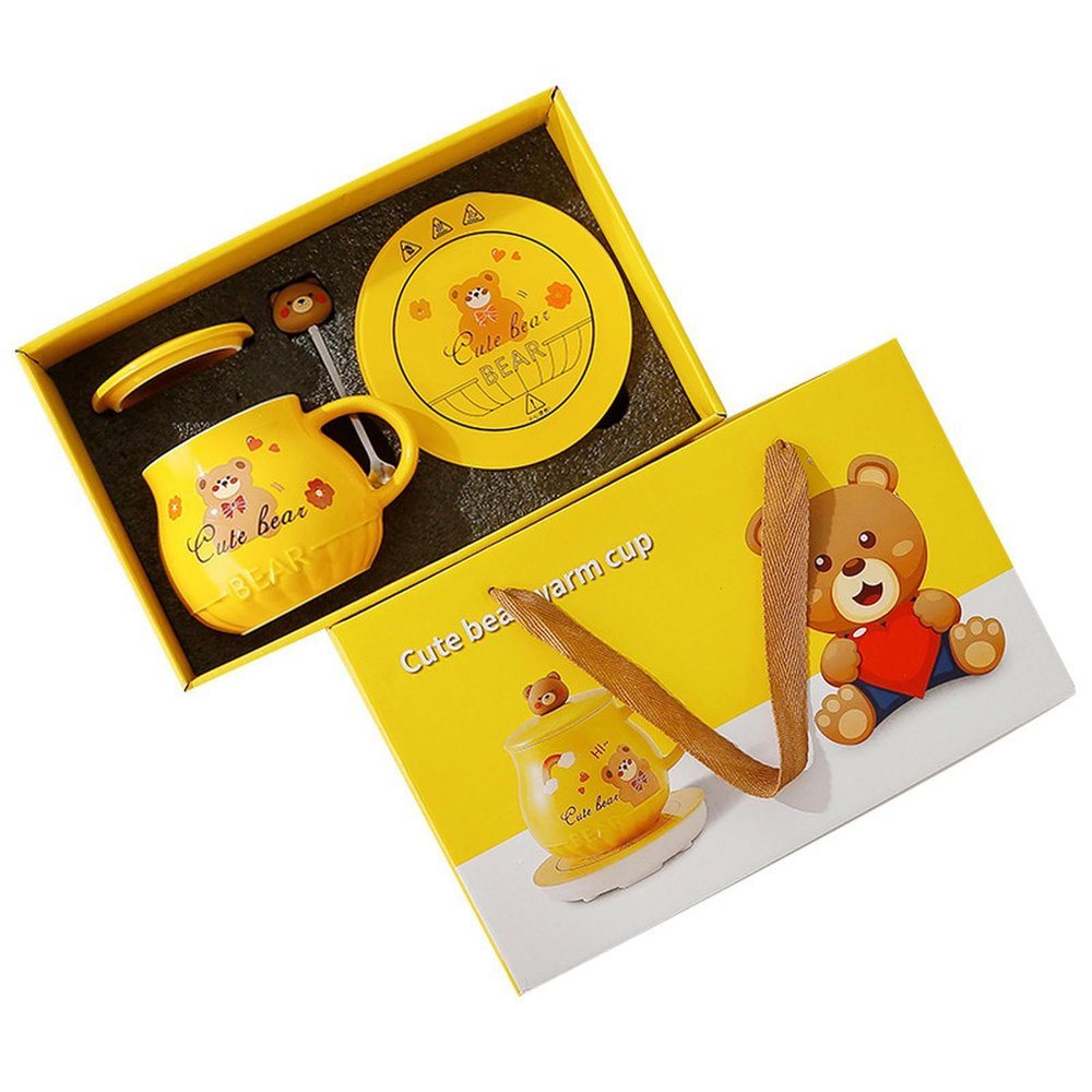 440ml/15oz - Ceramic Cute Cartoon Bear Milk Cup Couple's Personalized Breakfast Coffee Cup - Bear Warm Cup D with Lid Spoon Heating Pad