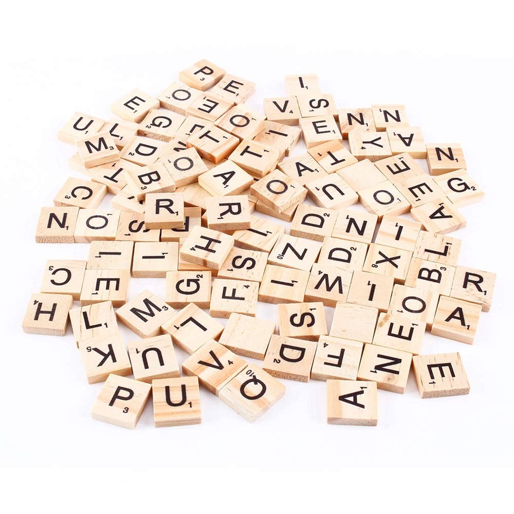 100pcs Puzzle Tiles Letters Alphabet Wooden Pieces Numbers Pendants Spelling, Premium Quality Light Wood Grain Smooth Finish with Clear Black Screen Printed Letters for Early