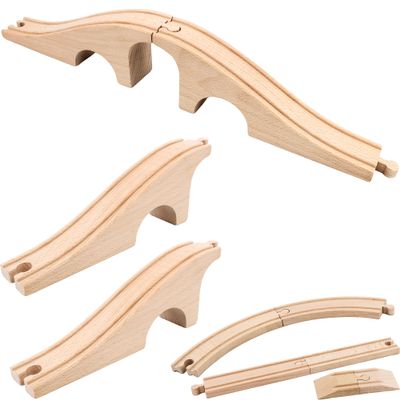 7 Pack Wooden Train Track Expansion Wood Train Bridge Pieces Wooden Tracks Accessories Compatible with Railroad Railway Train Track Connectors Set