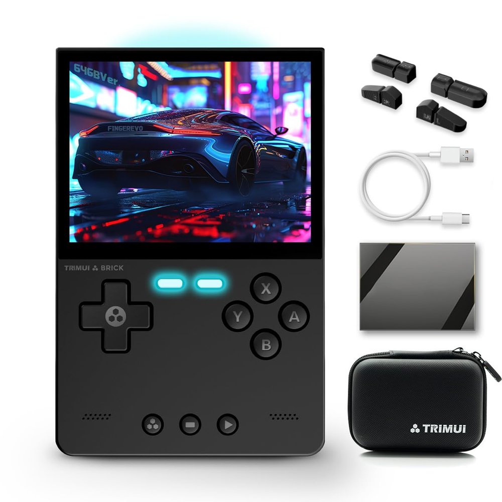 FINGEREVO Trimui Brick Handheld Game Console 3.2-inch 1024 * 768 IPS Screen 3000mAh Trimui-brick Opensource System with Portable Case and Screen Protector Black