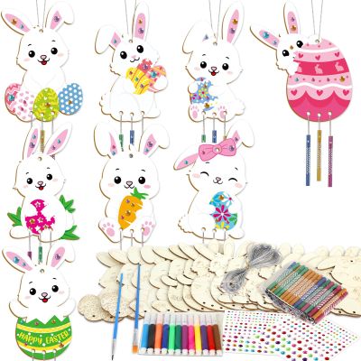 16 Pack Easter Bunny Wind Chime Kits Easter Crafts for Kid Make Your Own Easter Rabbit Wind Chime Wooden DIY Art and Crafts for Spring Party School Classroom Hanging Decoration Supplies Birthday Favor