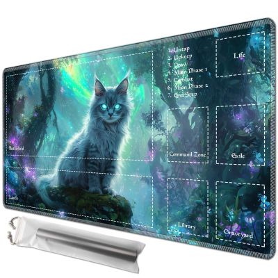 JANENFNA Playmat 24" x 14" with Magic Zones for MTG Card Game Playing, Board Game Mat for Card Breaking Commander Deck Gaming Card Game Battles Mat with Storage Bags, Mystical Cat Forest