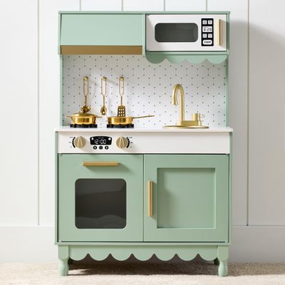 Best Choice Products Toddler Kitchen Playset, Wooden Cottage Kids Play Kitchen with 5 Accessories, Toy Storage, Scalloped Edge, and Pretend Play Microwave, Oven, Clicking Knobs - Sage
