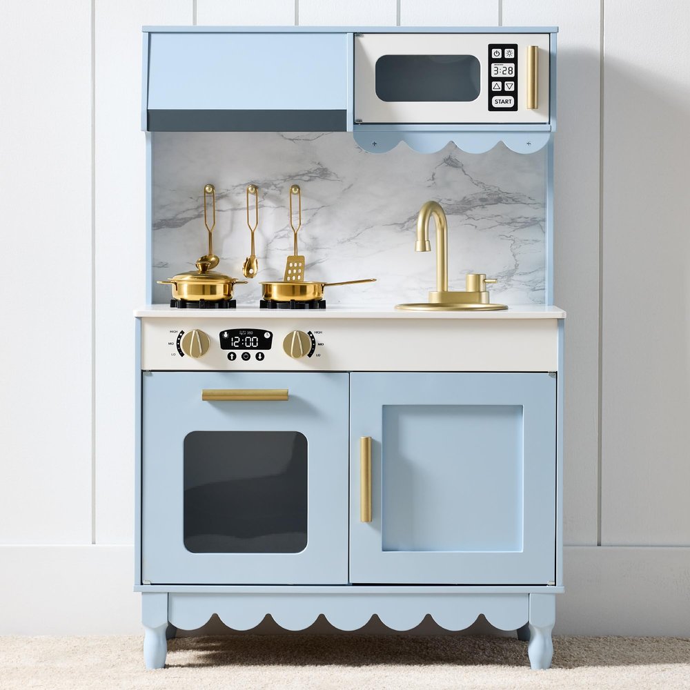 Best Choice Products Toddler Kitchen Playset, Wooden Cottage Kids Play Kitchen with 5 Accessories, Toy Storage, Scalloped Edge, and Pretend Play Microwave, Oven, Clicking Knobs - Blue