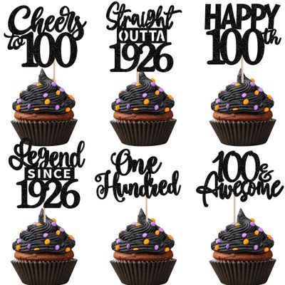 24PCS Happy 100th Birthday Cupcake Toppers Cheers to 100 Straight Outta 1926 Cupcake Picks Happy 100th Lengend Since 1926 Cake Decorations for 100th Birthday Anniversary Party Supplies Black