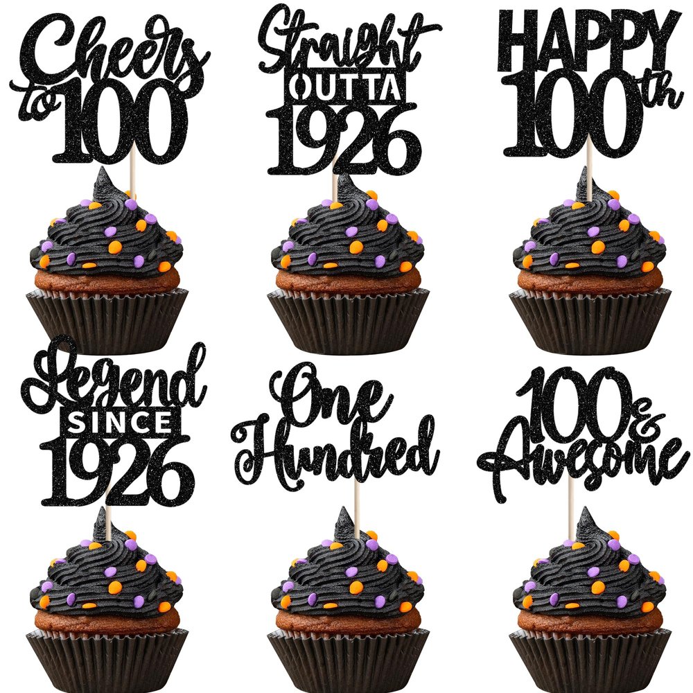 24PCS Happy 100th Birthday Cupcake Toppers Cheers to 100 Straight Outta 1926 Cupcake Picks Happy 100th Lengend Since 1926 Cake Decorations for 100th Birthday Anniversary Party Supplies Black