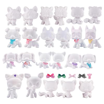 23pcs/Lot White Base for Pet Shop Cat Dog Fox Timber Wolf Sitting Cat Persian Cat Collie Deer Great Dane Cocker Spaniel Dachshund Custom DIY Paint Design Your Pet and random 7pcs accessories set