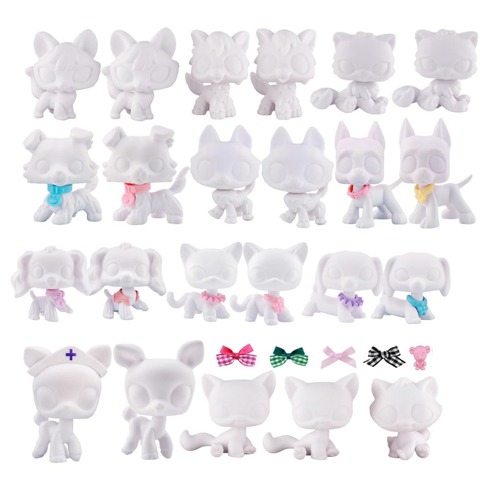 23pcs/Lot White Base for Pet Shop Cat Dog Fox Timber Wolf Sitting Cat Persian Cat Collie Deer Great Dane Cocker Spaniel Dachshund Custom DIY Paint Design Your Pet and random 7pcs accessories set