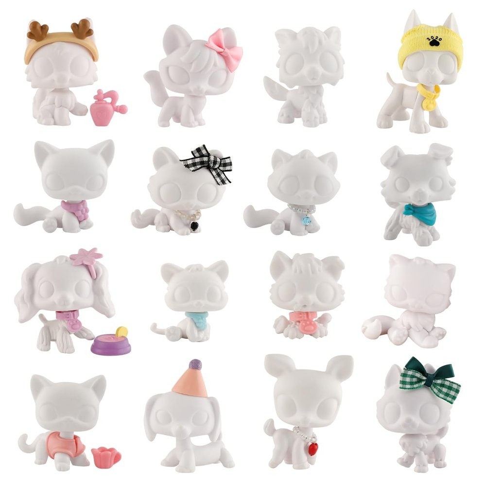 16pcs/Lot White Base for Pet Shop Cat Dog Fox Timber Wolf Sitting Cat Persian Cat Collie Deer Great Dane Cocker Spaniel Dachshund Custom DIY Paint Design Your Pet and random 7pcs Accessories