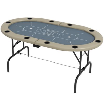 Poker Table Foldable, 70" Oval Blackjack Casino Texas Holdem Poker Game Table for 10 Players with Cup Holders, Blue and Brown