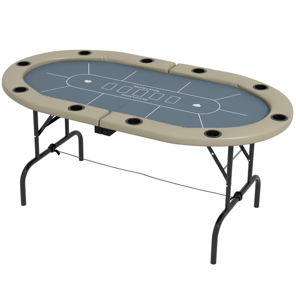 Poker Table Foldable, 70" Oval Blackjack Casino Texas Holdem Poker Game Table for 10 Players with Cup Holders, Blue and Brown