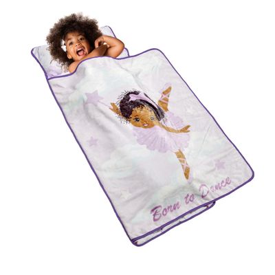 EVERYDAY KIDS Toddler Nap Mat with Removable Pillow - Born to Dance African American Ballerina - Carry Handle with Straps Closure, Rollup Design for Preschool, Daycare, Sleeping Bag - Ages 2-6 Years
