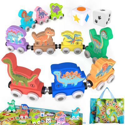ORBRIUM Wooden Train Set Magnetic Dinosaur Trains Montessori STEM Toys Number Counting Shapes Colors Dice Game Mat Bag for Toddlers Kids Grandkids fits Wooden Train Tracks Thomas Brio