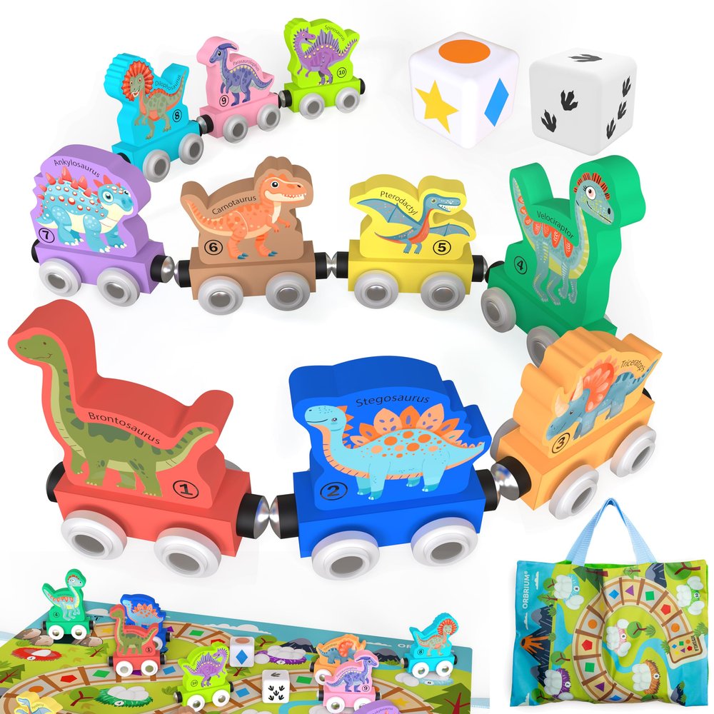 ORBRIUM Wooden Train Set Magnetic Dinosaur Trains Montessori STEM Toys Number Counting Shapes Colors Dice Game Mat Bag for Toddlers Kids Grandkids fits Wooden Train Tracks Thomas Brio