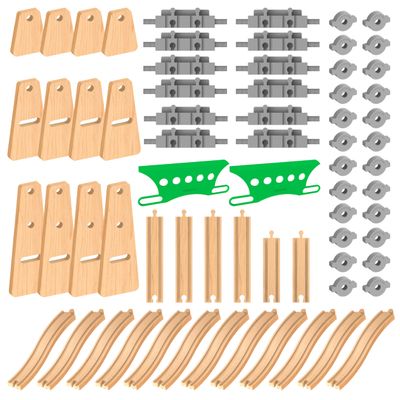 Wooden Train Tracks Accessories Build & Play Construction Set 68PCS Modular Railway STEM Toys Track Expansion Pack #2 with Parallel Tracks Adjustable Columns Elevated Station Compatible Thomas Brio