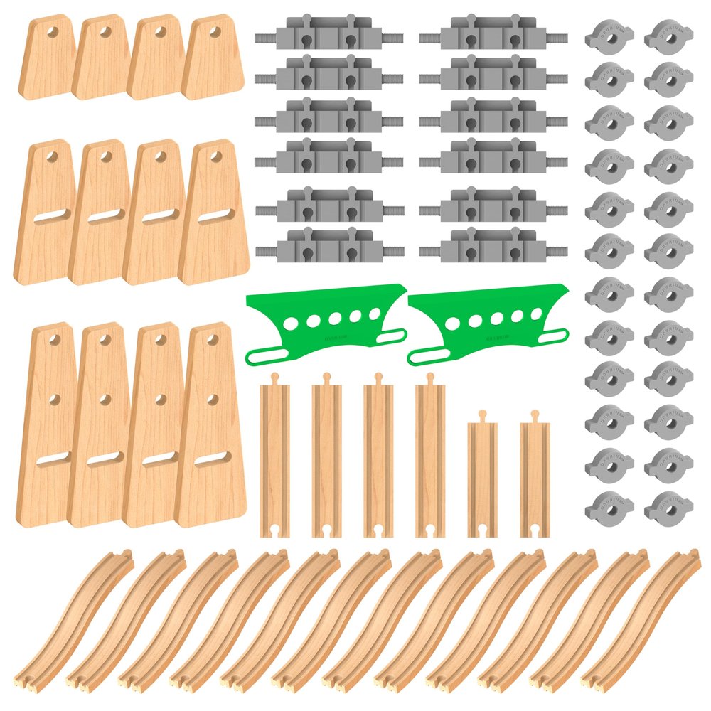 Wooden Train Tracks Accessories Build & Play Construction Set 68PCS Modular Railway STEM Toys Track Expansion Pack #2 with Parallel Tracks Adjustable Columns Elevated Station Compatible Thomas Brio