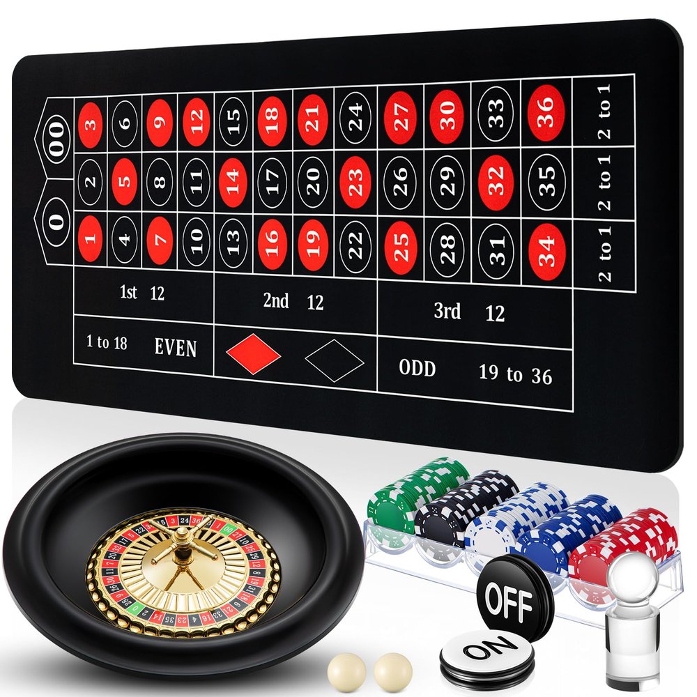 Lunmon Roulette Wheel Game Set Include 16'' Black Roulette Wheel 35" x 16" Rubber Tabletop Layout Mat, 100 Chips Dealer Button Win Marker Casino Game Sets Gift Ideas(Black)
