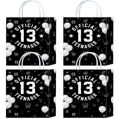16 Pieces Official Teenager 13th Birthday Party Favors Bags,Black White Gift Snacks Treat Candy Favors Bags with Handles for Boys Girls 13th Birthday Party Decorations
