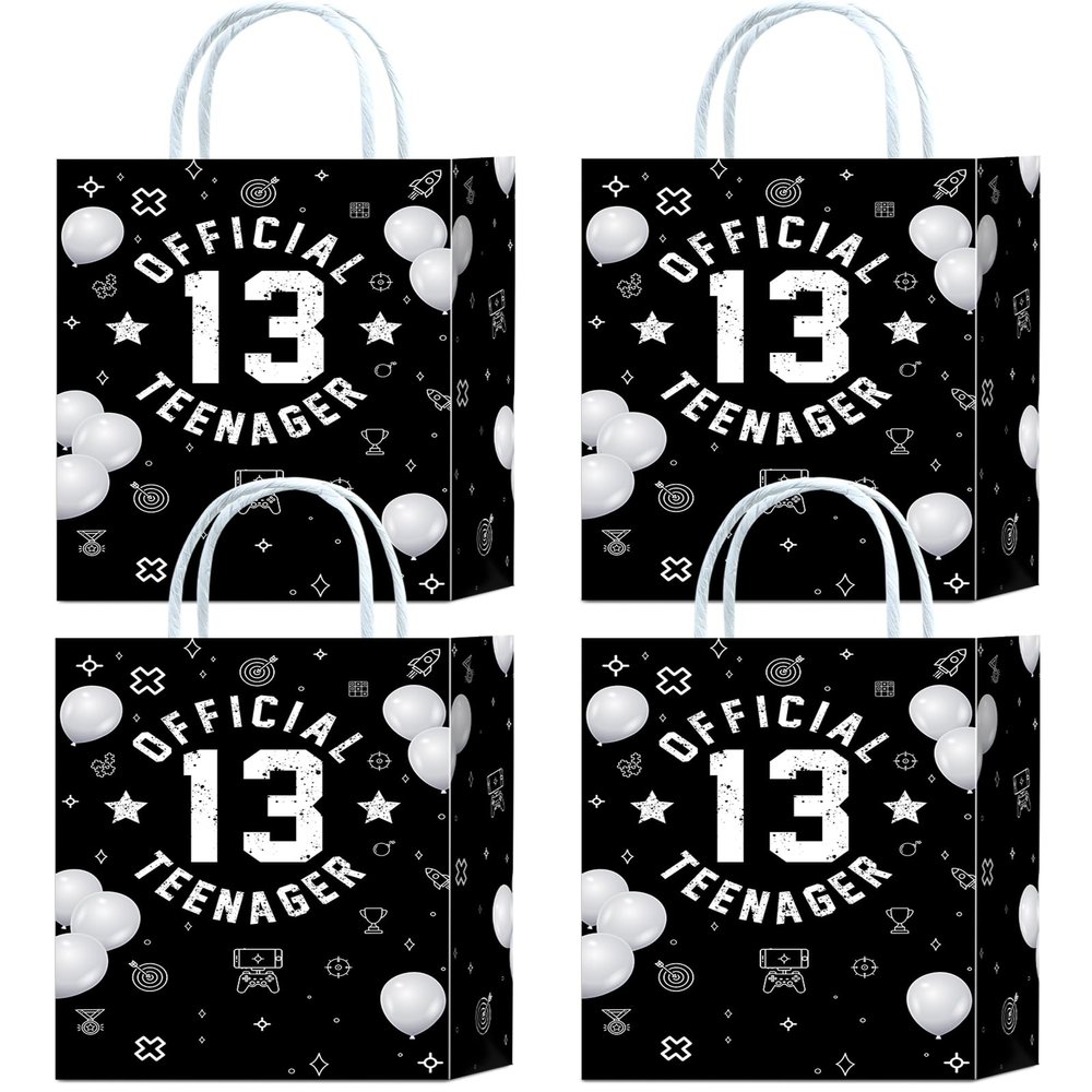 16 Pieces Official Teenager 13th Birthday Party Favors Bags,Black White Gift Snacks Treat Candy Favors Bags with Handles for Boys Girls 13th Birthday Party Decorations