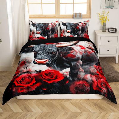 Black Cattle Bedding Sets Toddler Size,Rustic Farmhouse Cow Animal Print Reversible Duvet Cover 2Pcs for Kids Bedroom,Red Rose Floral Tie Dye Pattern Quilt Cover,1 Pillowcase (No Comforter)