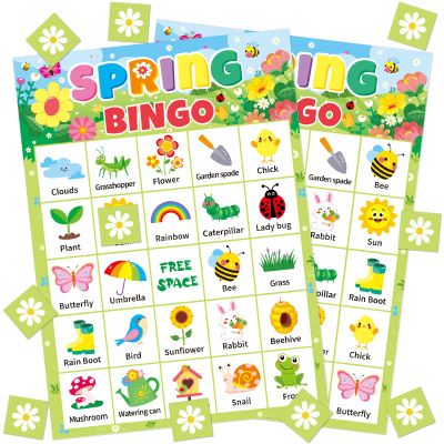 TENDFINE 24 Players Spring Bingo Game Cards for Kids Spring Party Bingo Games Spring Classroom Games Family Activity Spring Birthday Party
