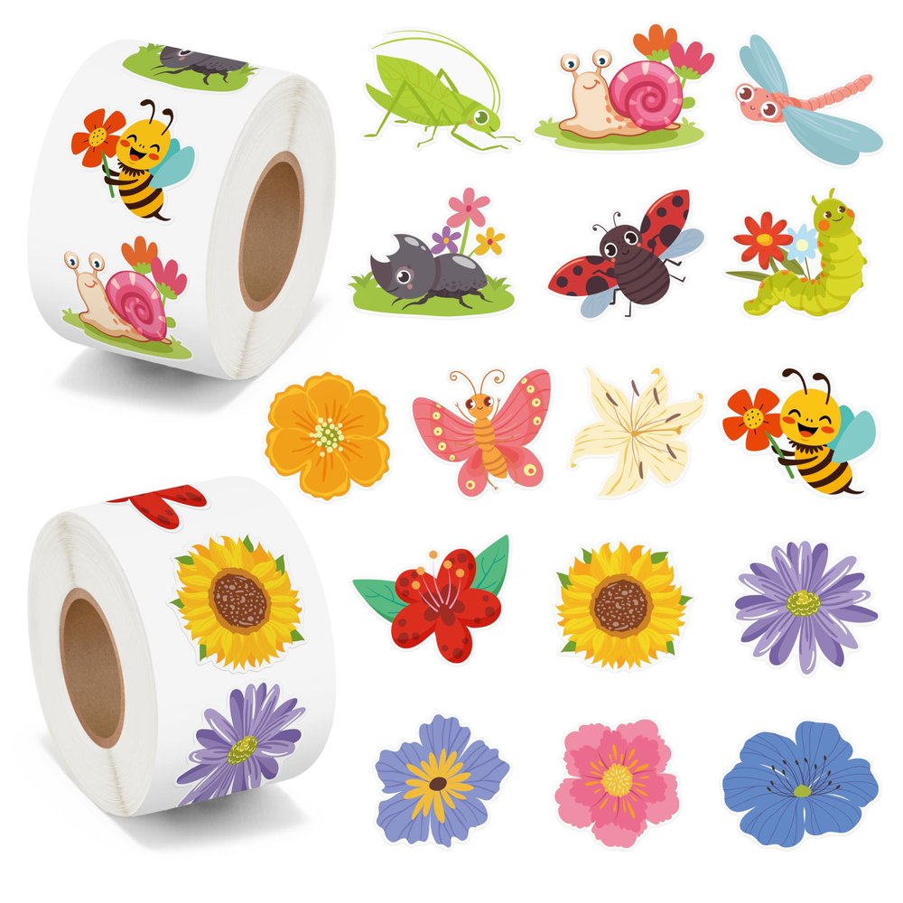 1000Pcs Spring Stickers Roll Summer Flowers Butterfly Insect Self Adhesive Labels for Envelopes Greeting Cards Bottle Decor Seasonal Holiday DIY Crafts Party Favors School Rewards Gifts, 16 Designs