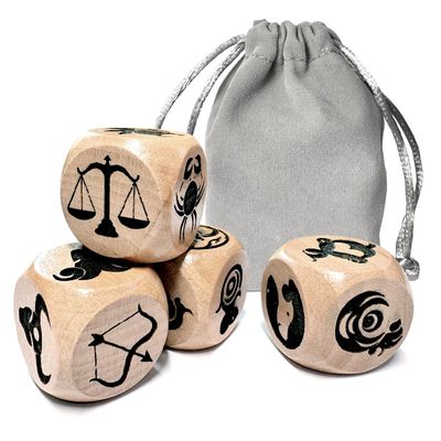 12 Constellations and 12 Chinese Zodiac Animals Dices, Astrology Wooden Dices Divination Accessories, Love Fortune Horoscope Lucky Dices, Game Dices for Party (4Pcs/Set, 25MM)