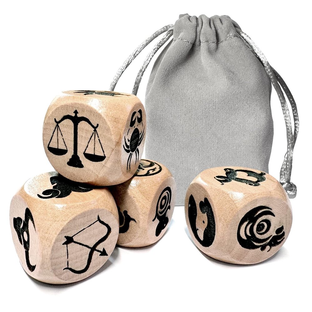 12 Constellations and 12 Chinese Zodiac Animals Dices, Astrology Wooden Dices Divination Accessories, Love Fortune Horoscope Lucky Dices, Game Dices for Party (4Pcs/Set, 25MM)