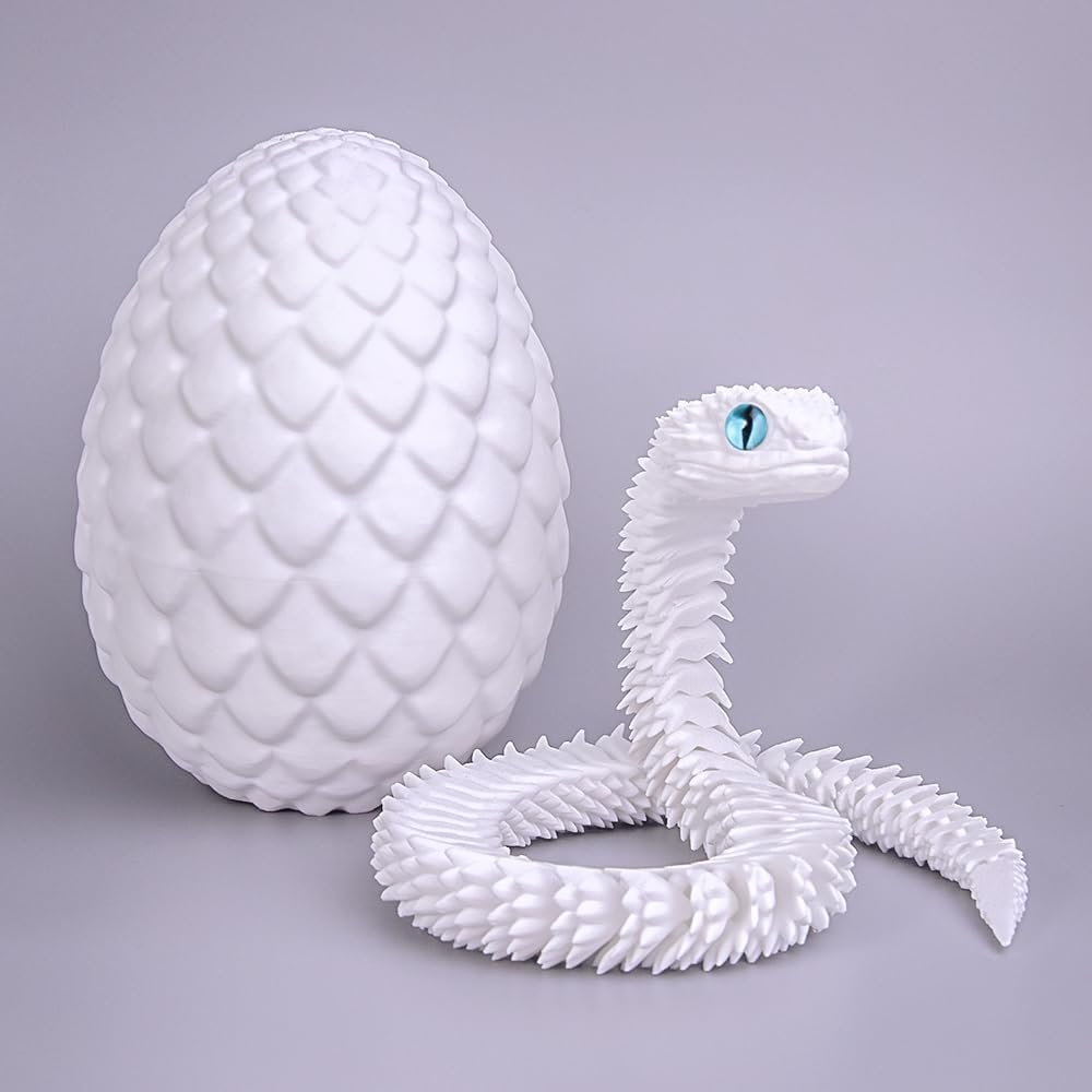 WUQIREN 24 inch Snake Fidget Toy, 3D Printed Snake with Egg, Realistic Slithering Design, Stress Relief Desk Decor, Easter Egg for Kids & Adults (White)
