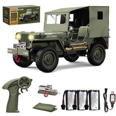 Hylukon RC Crawler, 1:10 Scales Upgraded Willys Military Jeep with Linked Lights Winch & Canvas Cover, 2.4Ghz 4WD Off Road RC Car, All Terrain Electric RC Jeep for Teens Adults