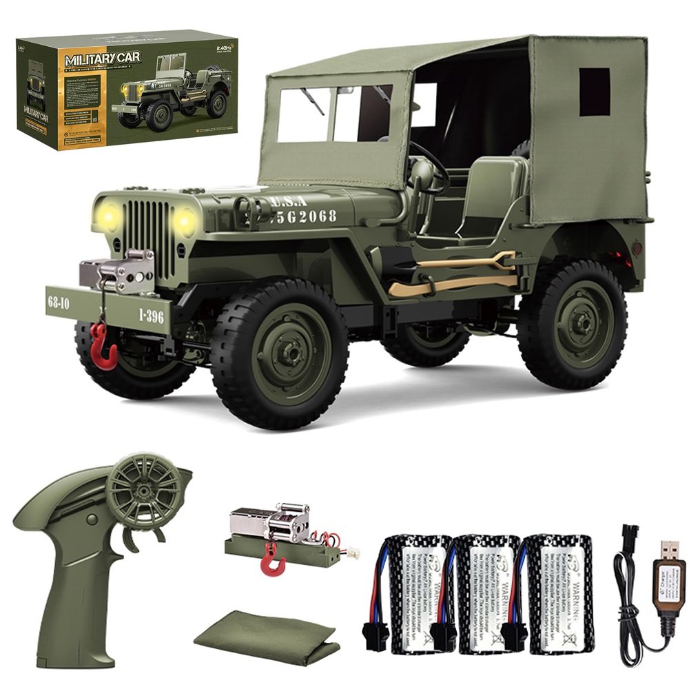 Hylukon RC Crawler, 1:10 Scales Upgraded Willys Military Jeep with Linked Lights Winch & Canvas Cover, 2.4Ghz 4WD Off Road RC Car, All Terrain Electric RC Jeep for Teens Adults