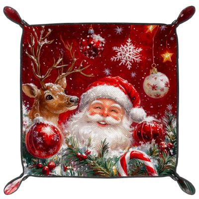 Microfiber Leather Dice Trays Folding for RPG DND Table Games, Dice Holder Storage Box Portable Rolling Dice Tray, 20.5x20.5cm (Elk Santa)