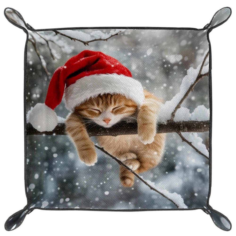 Microfiber Leather Dice Trays Folding for RPG DND Table Games, Dice Holder Storage Box Portable Rolling Dice Tray, 20.5x20.5cm (Christmas Orange Cat)