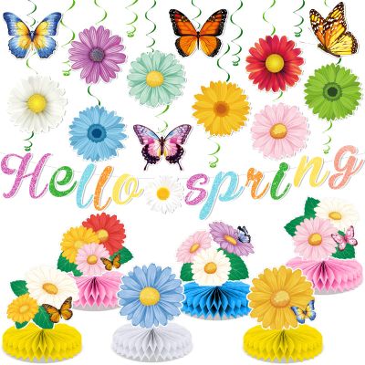 Spring Party Decorations Hello Spring Banner Sunflowers Butterfly Hanging Swirl Decor Daisy Honeycomb Centerpiece Table Toppers Spring Summer Floral Party Decor for Birthday Wedding 31PCS