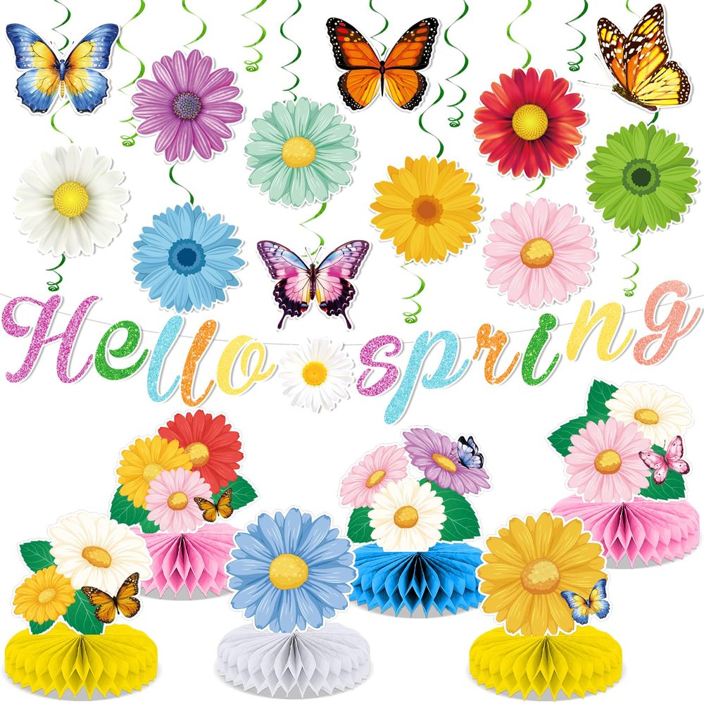 Spring Party Decorations Hello Spring Banner Sunflowers Butterfly Hanging Swirl Decor Daisy Honeycomb Centerpiece Table Toppers Spring Summer Floral Party Decor for Birthday Wedding 31PCS