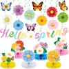 Spring Party Decorations Hello Spring Banner Sunflowers Butterfly Hanging Swirl Decor Daisy Honeycomb Centerpiece Table Toppers Spring Summer Floral Party Decor for Birthday Wedding 31PCS view 1