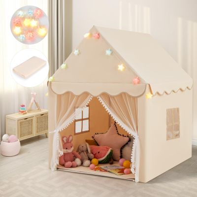 Costzon Kids Playhouse - Large Play Tent with Washable Cotton Mat, Star String Lights, Windows & Bottom Zippers for Boys & Girls Indoor/Outdoor Play, Castle Fairy Kids Tent (Beige)