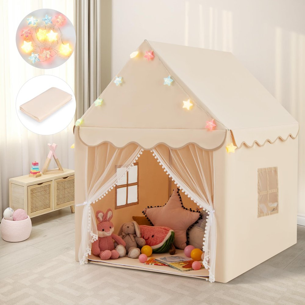 Costzon Kids Playhouse - Large Play Tent with Washable Cotton Mat, Star String Lights, Windows & Bottom Zippers for Boys & Girls Indoor/Outdoor Play, Castle Fairy Kids Tent (Beige)