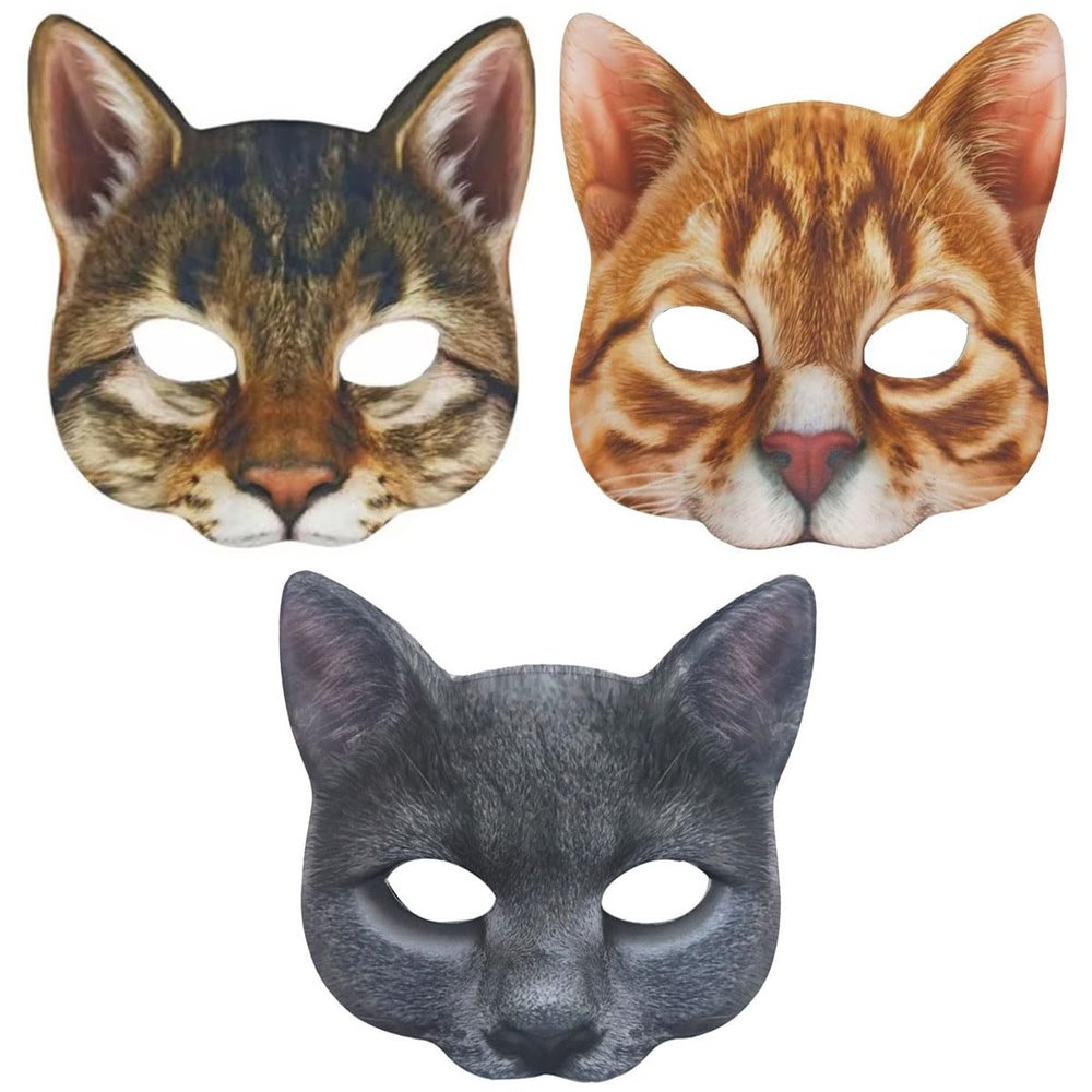 Aiffort 3Pcs Cat Halloween Mask Realistic Cat Masks Animal Cat Mask for Halloween Christmas Easter Masquerade Cosplay Novelty Costume Party Accessory