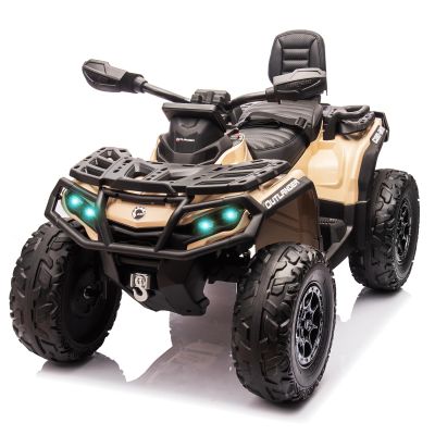 2 Seater Ride On Car, 24V 4WD Electric ATV Car for Kids, Leather Seaters, Safety Belt, Bluetooth, 1.86 to 4.79 Mph 4 Wheeler Electric Toy Car As Gift for Boys, Girls, Brown