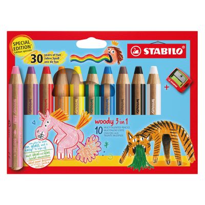 STABILO woody 3-in-1 - Multi-Talented Pencil - Pack of 10 - Birthday Edition - Assorted Colours with Sharpener