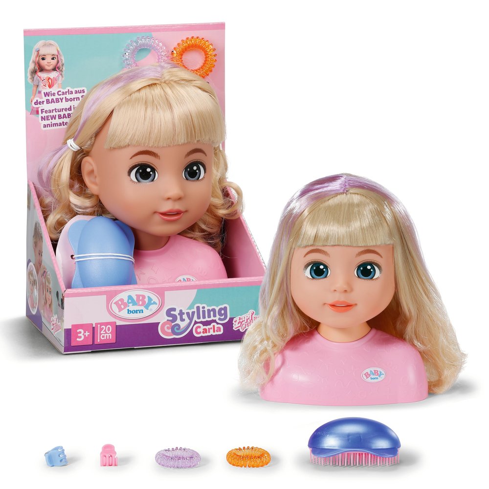 BABY born Styling Head Carla Nylon Hair - Includes Hair Clips, Ribbons & Brush - Suitable for Children Aged 3+