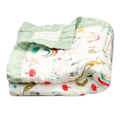 100% Cotton Muslin Baby Blanket | Soft & Breathable 6-Layer Swaddle & Receiving Blanket | Lightweight Quilt for Newborns, Infants & Toddlers - Unicorn & Rainbows - Sage Trim