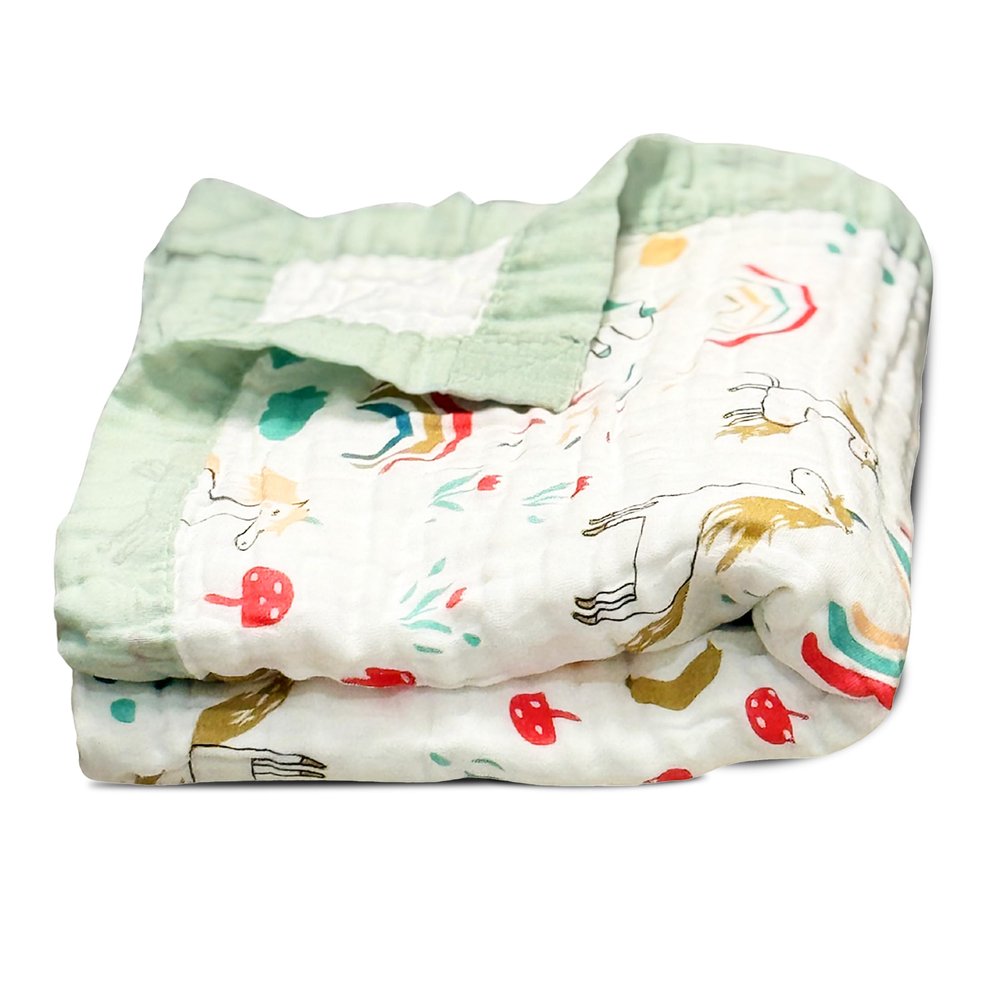 100% Cotton Muslin Baby Blanket | Soft & Breathable 6-Layer Swaddle & Receiving Blanket | Lightweight Quilt for Newborns, Infants & Toddlers - Unicorn & Rainbows - Sage Trim
